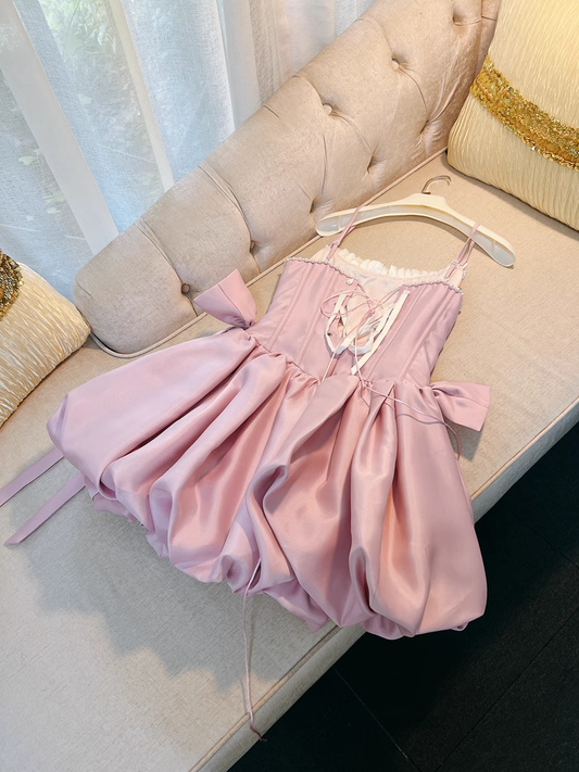 Robe de soirée rose chic à bretelles spaghetti et perles, coupe trapèze, col en V, robe de soirée, D1339