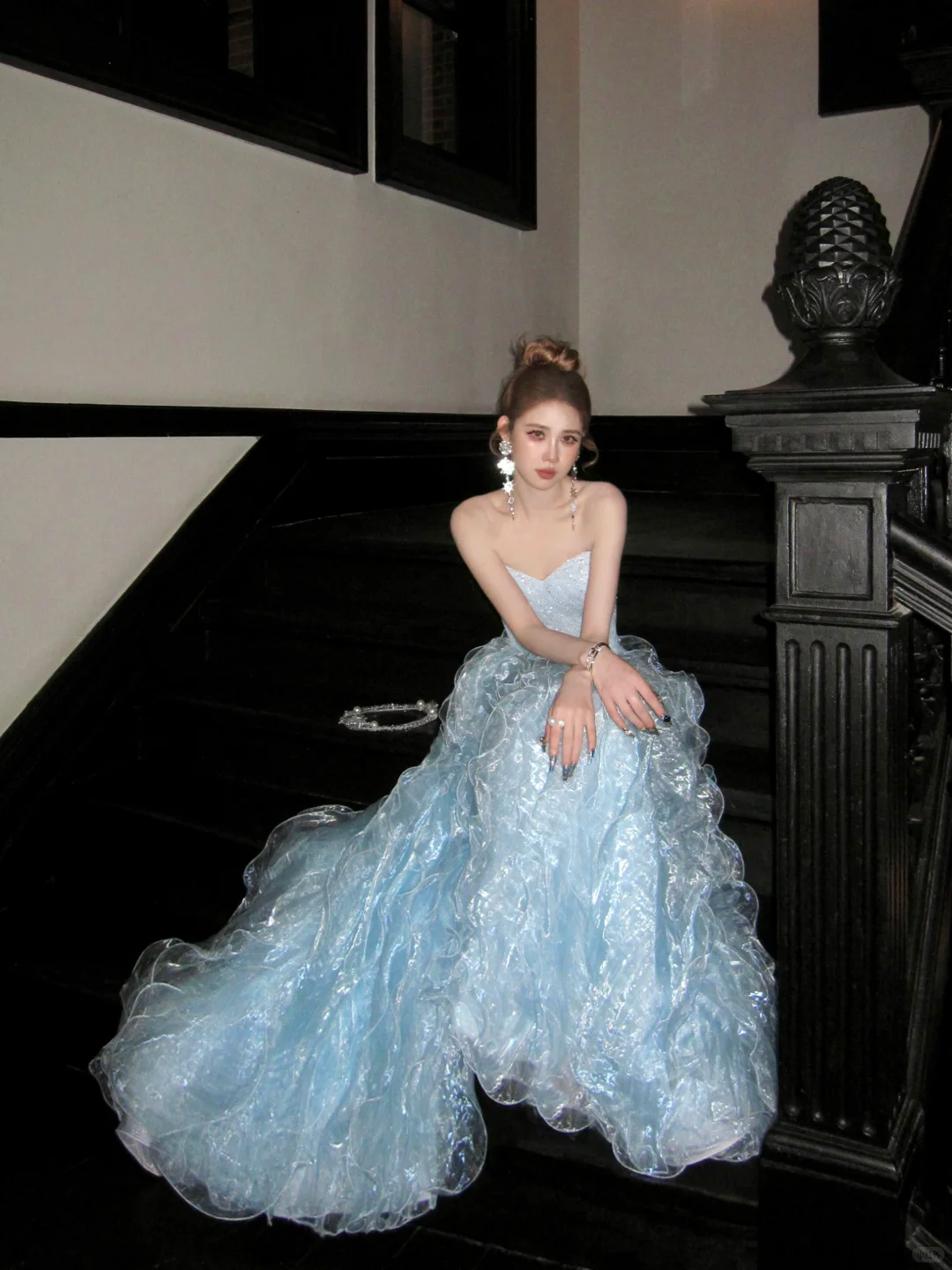 Gorgeous Shiny Light Blue Strapless Design A-Line Tulle Wedding Dress Prom Dress Evening Dress D1714