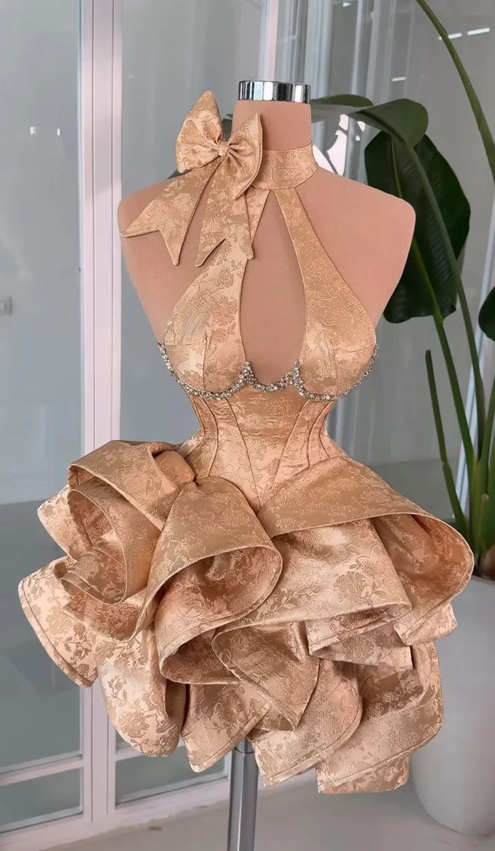 Retro Champagne Bowknot Halter Dress Design A-line Satin Party Dress Homecoming Dress D1601