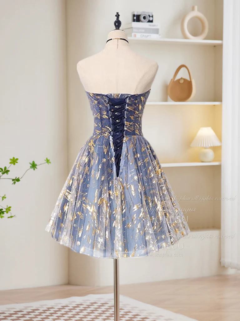 Retro Blue Sequin Strapless Design A-line Tulle Party Dress Homecoming Dress D1556