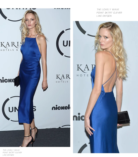 Robe de soirée trapèze bleu marine vintage à bretelles spaghetti, D1418