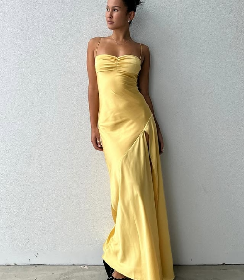 Robe de bal fourreau longue jaune à bretelles spaghetti et fente MD7581