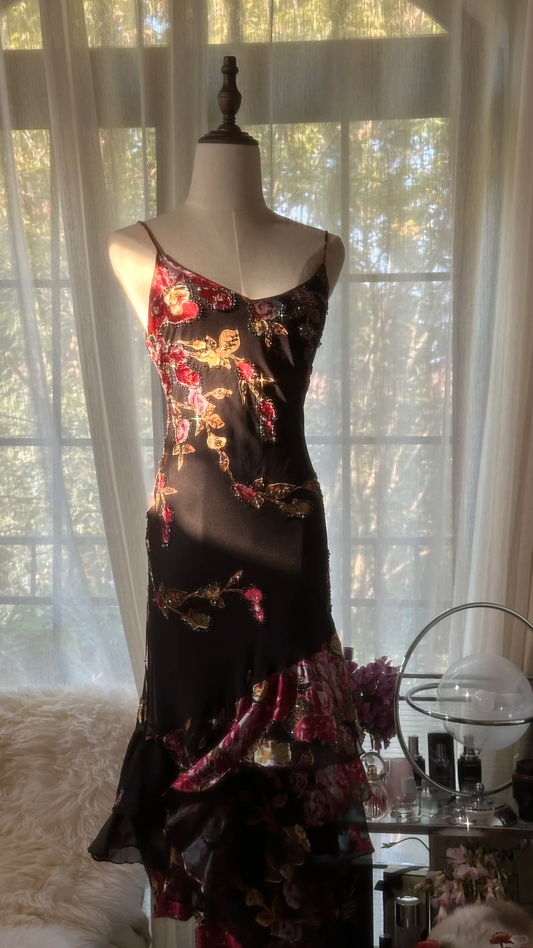 Vintage Black Spaghetti Strap Floral Design Romantic Chiffon Evening Dress Prom Dress D1517
