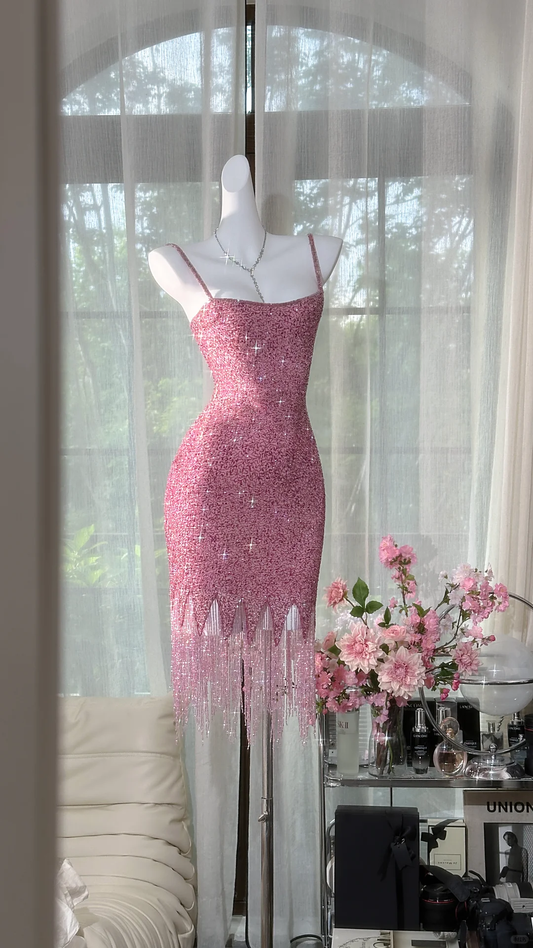 Vintage Pink Sparkling Sequin Spaghetti Strap Tassels Hem Romantic Evening Dress Prom Dresses D1606