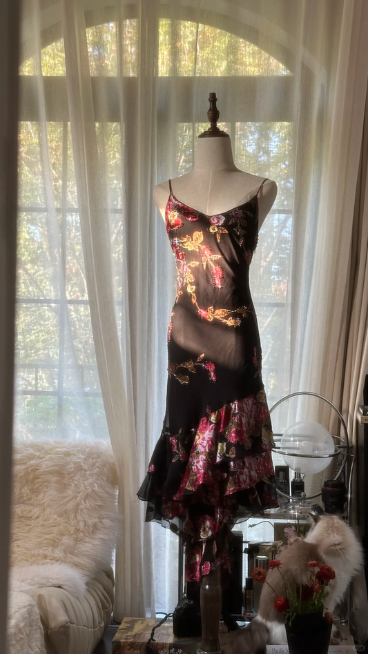 Vintage Black Spaghetti Strap Floral Design Romantic Chiffon Evening Dress Prom Dress D1517