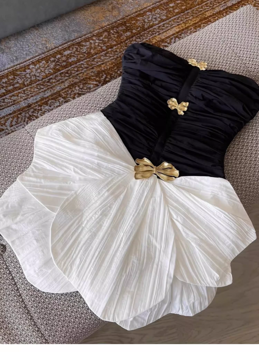 Robe de soirée courte trapèze simple et tendance, sans bretelles, avec nœud, robe de bal, D1389