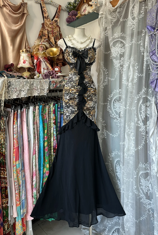 Vintage Leopard Print Sweetheart Design Mermaid Spaghetti Strap Prom Dress Evening Dress D1682