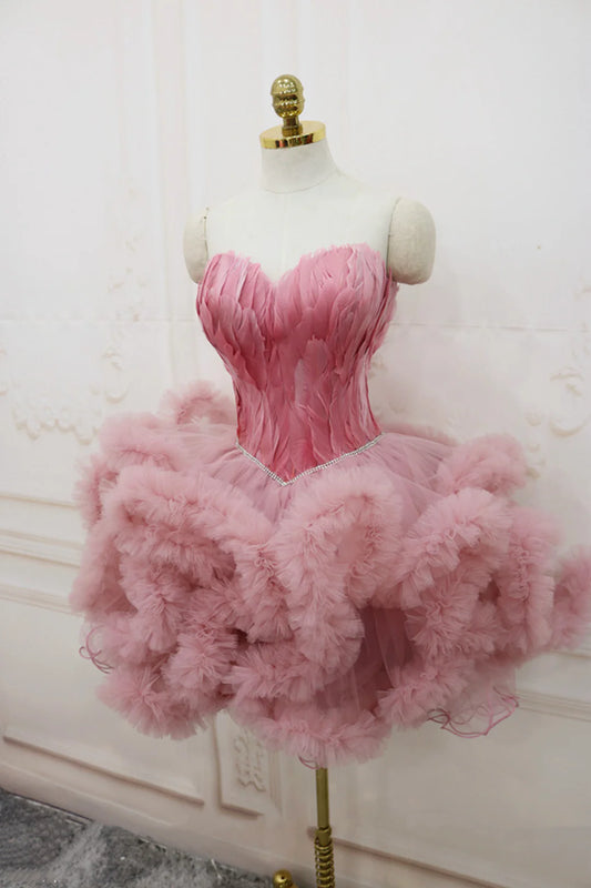Pretty Homecoming Dress Sweetheart Feather Lace Cascade Prom Dress Back to School Outfits Party Dress D6107