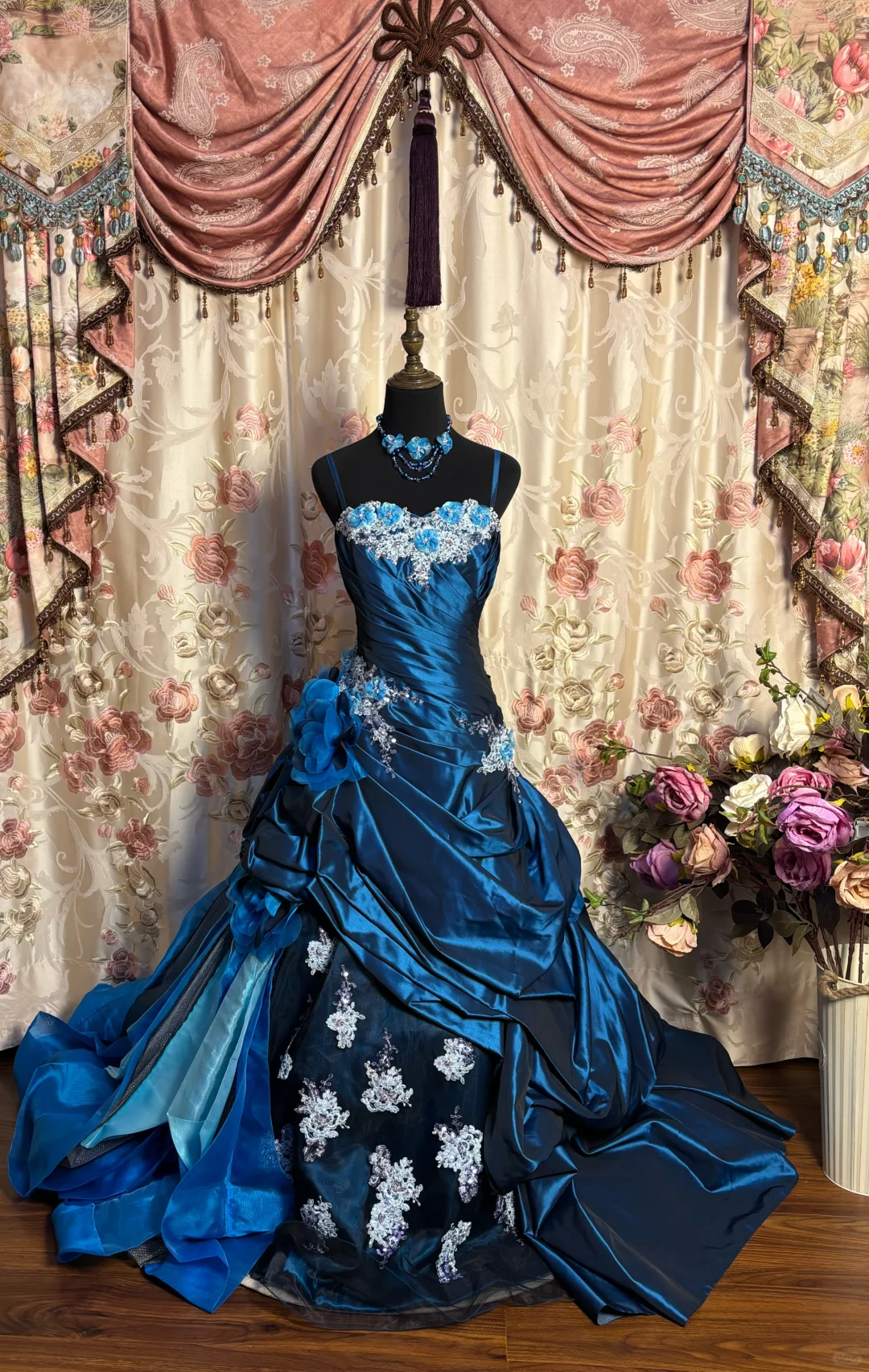 Navy Blue Straps A-Line Satin Appliques Long Prom Dress Evening Ball Gown, D832
