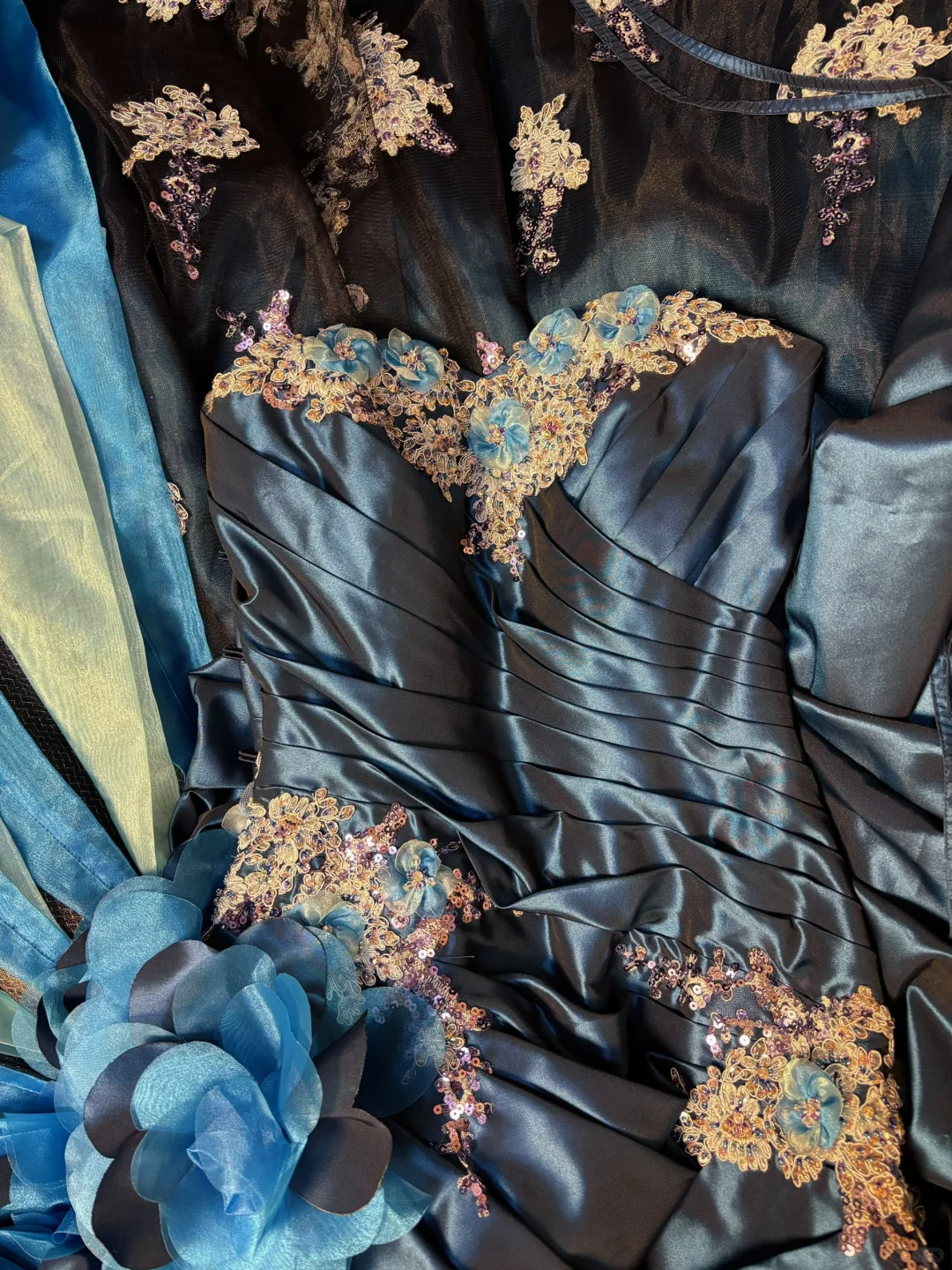 Navy Blue Straps A-Line Satin Appliques Long Prom Dress Evening Ball Gown, D832