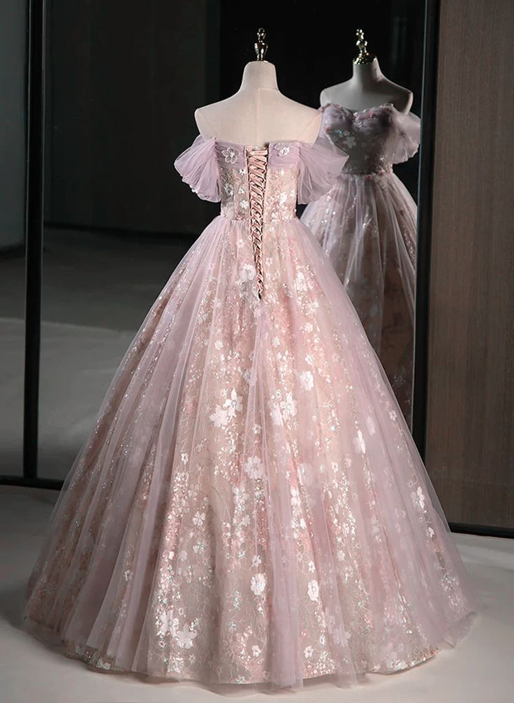 Pink Off Shoulder A-Line Tulle Maxi Dress Floral Long Prom Dress MD7251
