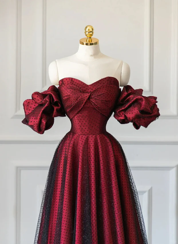 Weinrotes A-Linien-Kleid mit Herzausschnitt, Tüll und Satin, lang, formelles Partykleid MD7361