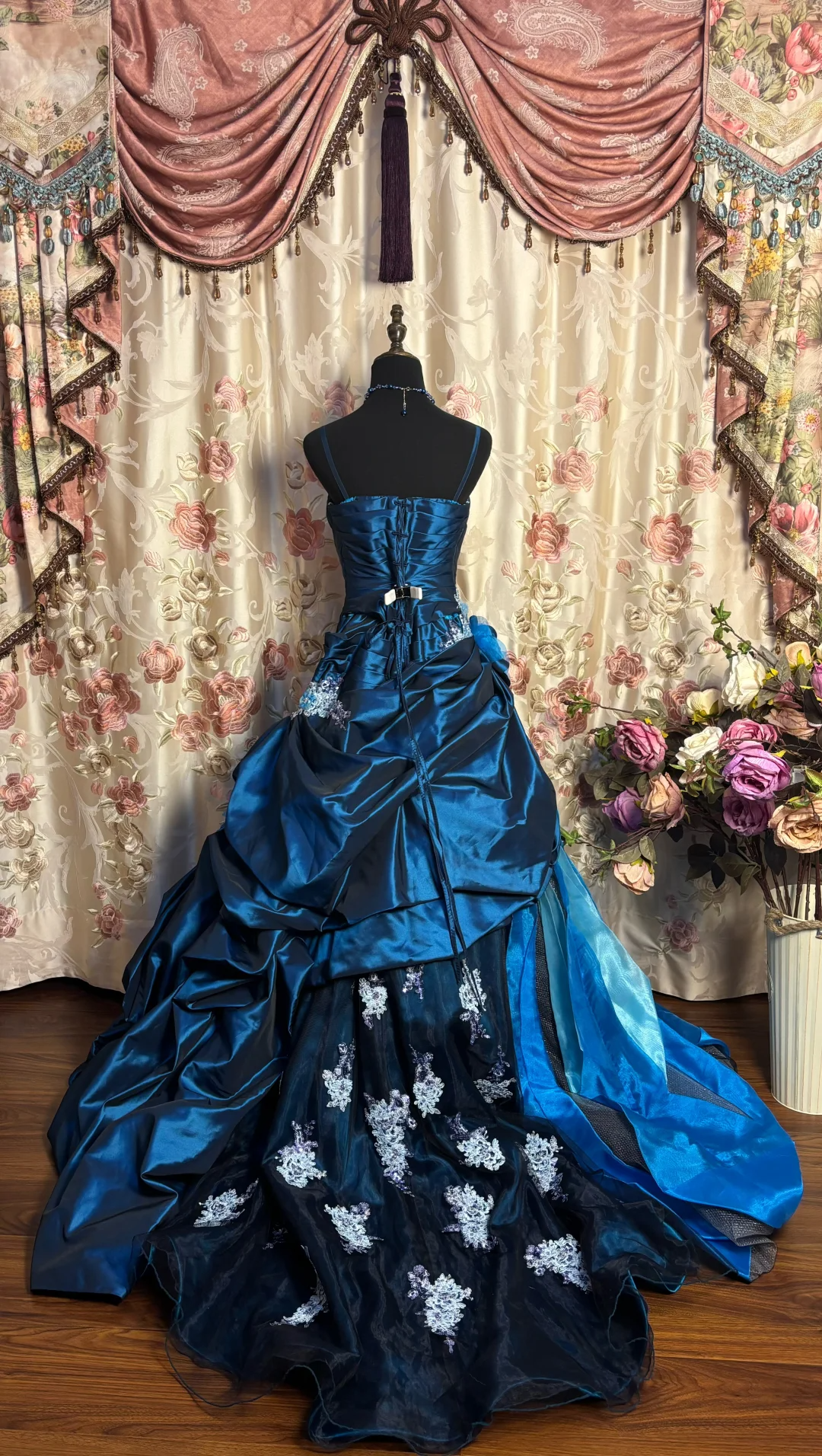 Navy Blue Straps A-Line Satin Appliques Long Prom Dress Evening Ball Gown, D832