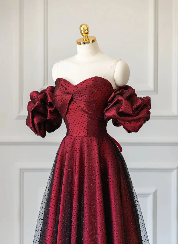 Weinrotes A-Linien-Kleid mit Herzausschnitt, Tüll und Satin, lang, formelles Partykleid MD7361