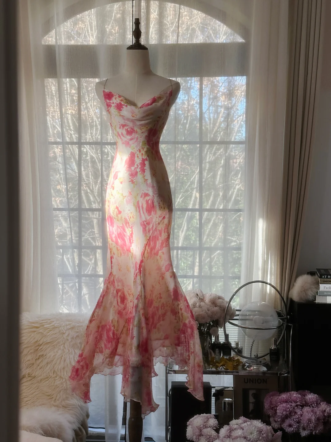 Sexy Pink Straps Mermaid Chiffon Long Party Dress Wedding Guest Dress, D939