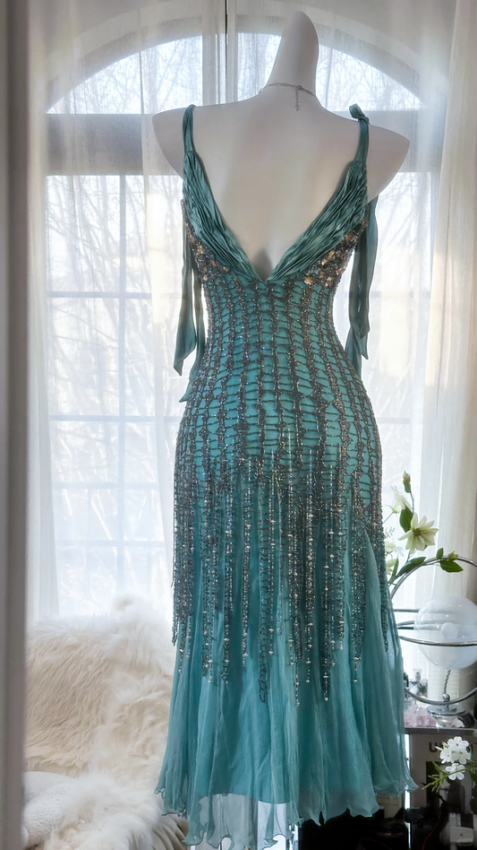 Elegant Blue Sparkling Beaded Spaghetti Strap V-neck Romantic Chiffon Evening Dress Prom Dresses D1463