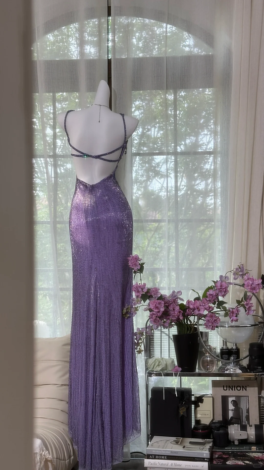 Vintage Gorgeous Purple V-neck Shinny Romantic Luxury Spaghetti Strap Evening Dress Prom Dresses, D1456