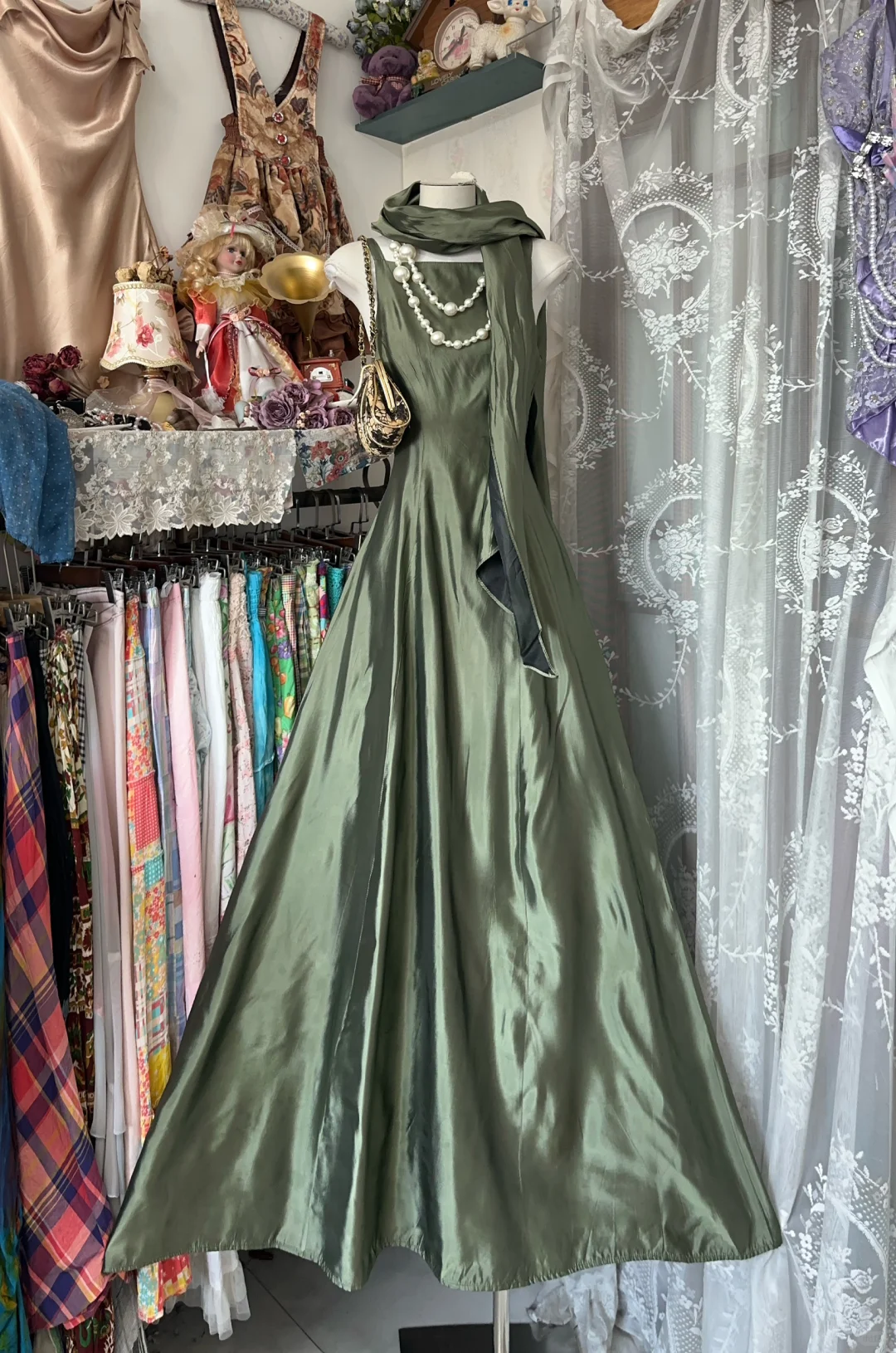 Vintage Green Satin Shawl Design Elegant A-Line Long Evening Dress Prom Dresses D1679