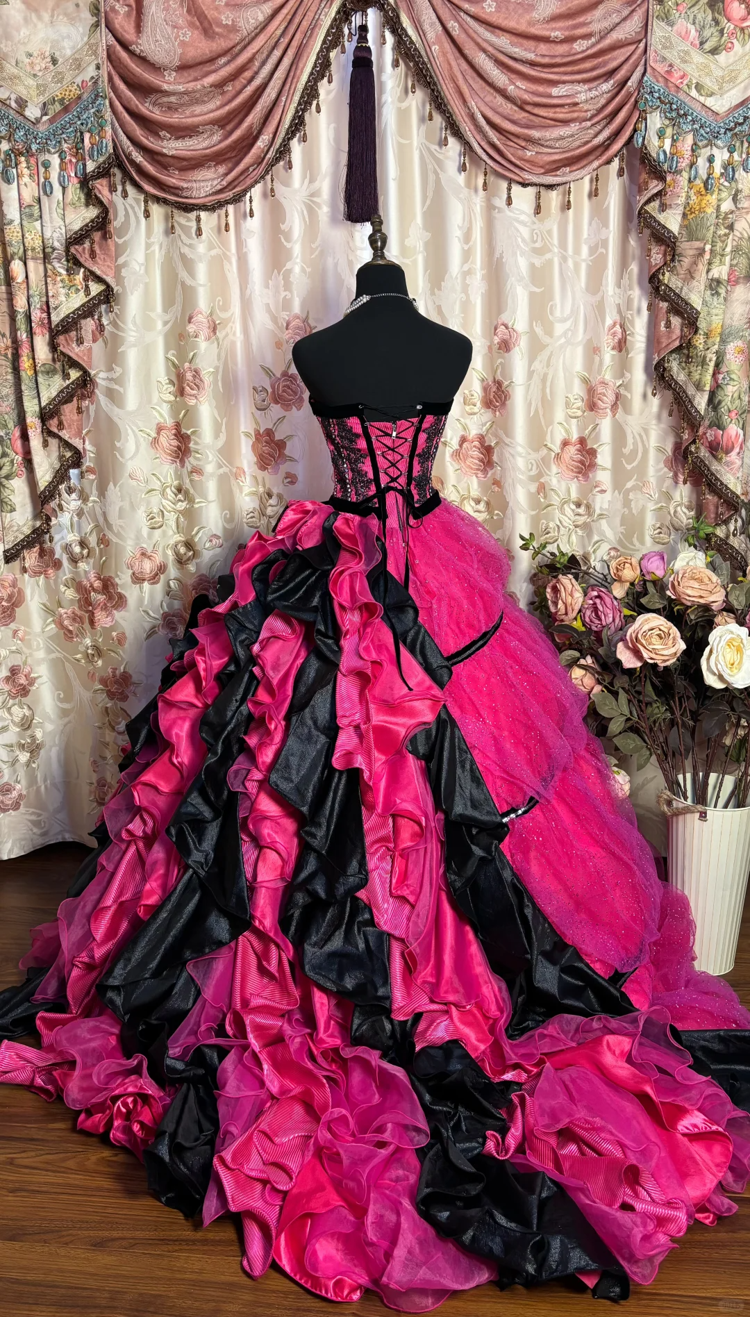 Retro Fuchsia Strapless A-Line Appliques Long Prom Dress Birthday Ball Gown, D769