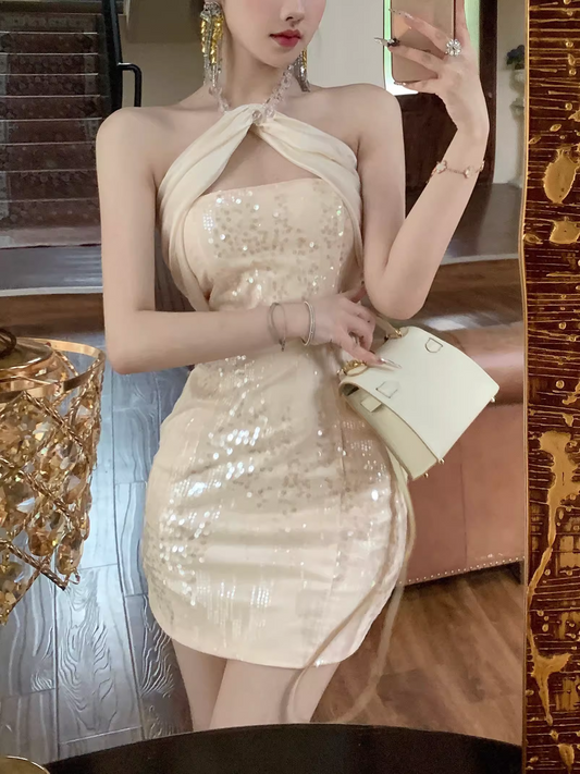 Robe de soirée trapèze à paillettes champagne tendance, robe de soirée dos nu, D1395