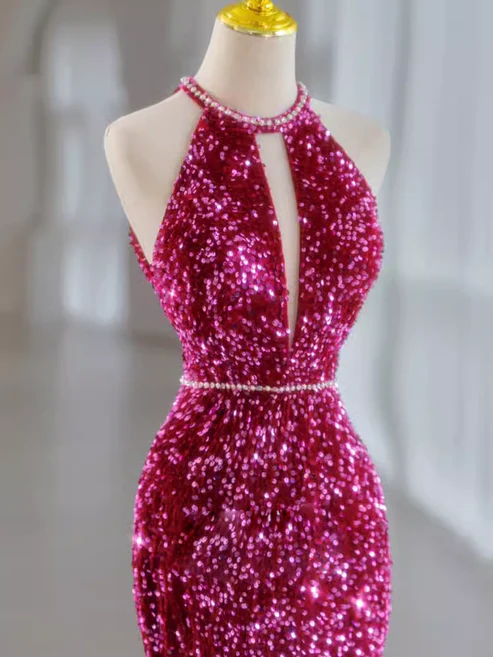 Robe de soirée longue sirène fuchsia élégante à paillettes et col licou MD7494