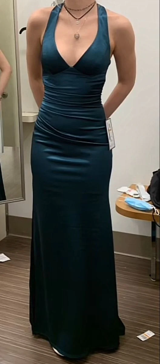 Dark Green V Neck Halter Mermaid Satin Long Prom Dress MD7340