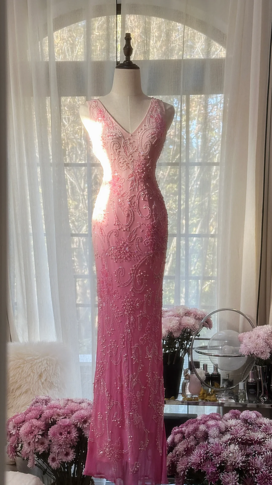Robe de bal longue style sirène rose ombré, col en V, ornée de perles, style vintage, D941