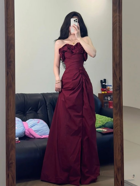 Elegantes Burgunderrotes trägerloses A-Linien-Partykleid mit langen Ärmeln, Geburtstagsoutfits, D1227