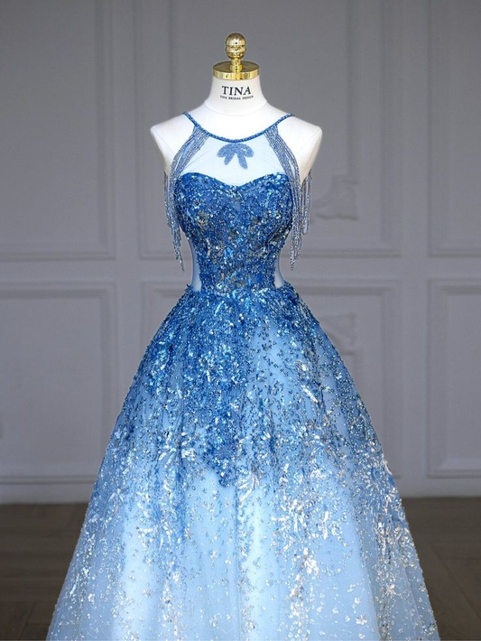 Robe longue bleue à col licou et paillettes en tulle, tenue de soirée d'anniversaire, MD7483