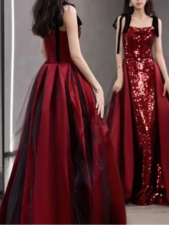 Superbe robe de soirée sirène longue à bretelles et paillettes rouge vin MD7355