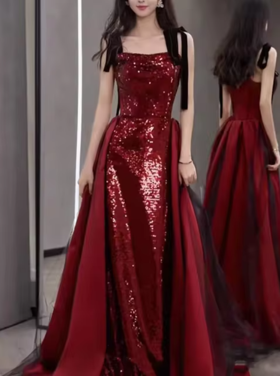 Superbe robe de soirée sirène longue à bretelles et paillettes rouge vin MD7355