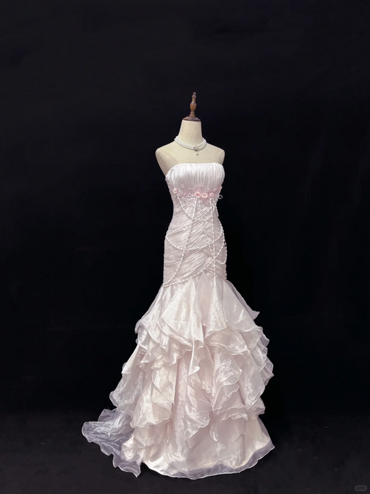 Hellrosa trägerloses Meerjungfrau-Chiffon-Vintage-Partykleid, Geburtstags-Outfits, D1148