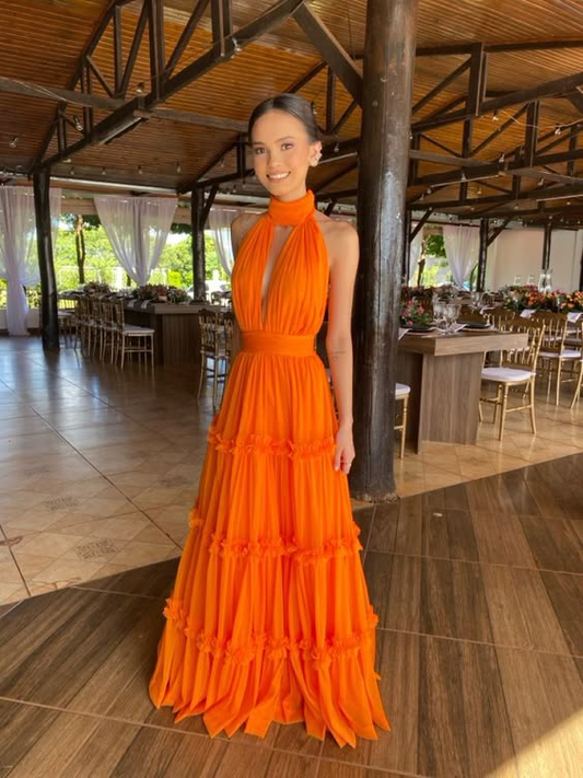 Robe de soirée longue orange en tulle à col en V et dos nu MD7566