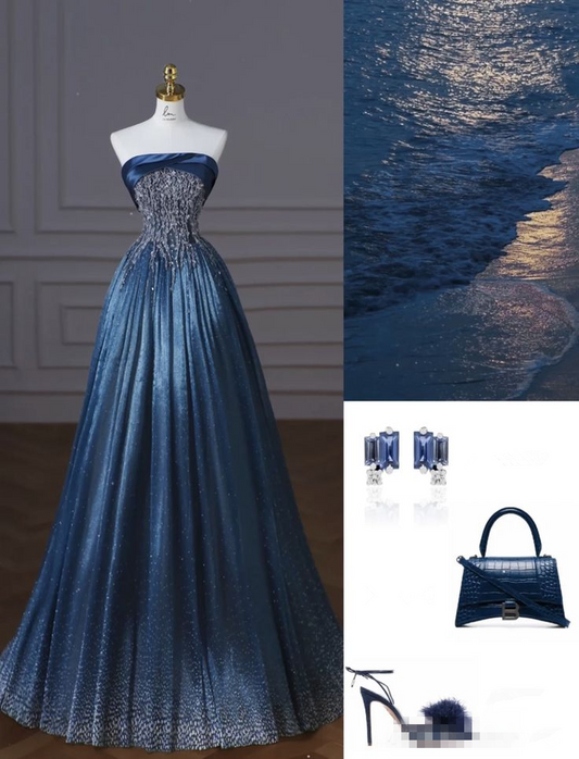 Robe de soirée longue en satin bleu marine, coupe trapèze, sans bretelles, avec perles, MD7474