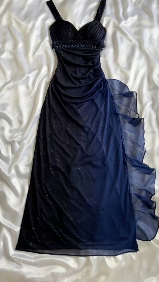 Robe de soirée longue vintage en mousseline de soie bleu foncé à bretelles MD7409
