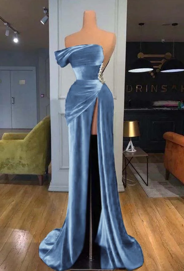 Royal Blue One Shoulder Velvet Split Long Prom Dress Evening Dress M4925