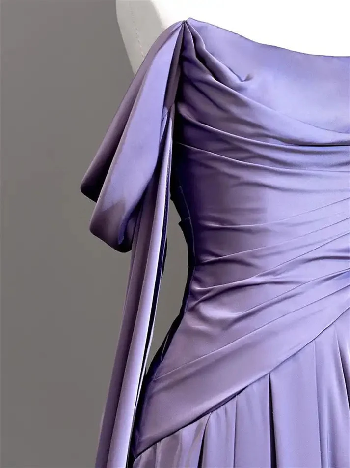 Robe de soirée longue en satin violet, élégante, épaules dénudées, coupe trapèze, MD7350