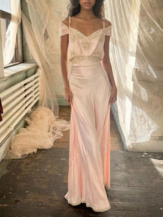 Hellrosa schulterfreies A-Linien-Vintage-Abendkleid mit langen Trägern, D1170
