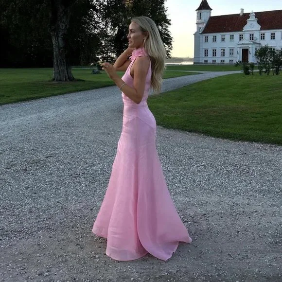 Elegantes rosa Neckholder-A-Linie ärmelloses langes Partykleid Geburtstagsoutfits MD7531