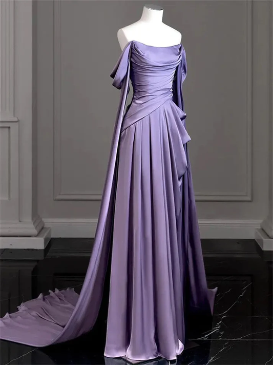 Robe de soirée longue en satin violet, élégante, épaules dénudées, coupe trapèze, MD7350