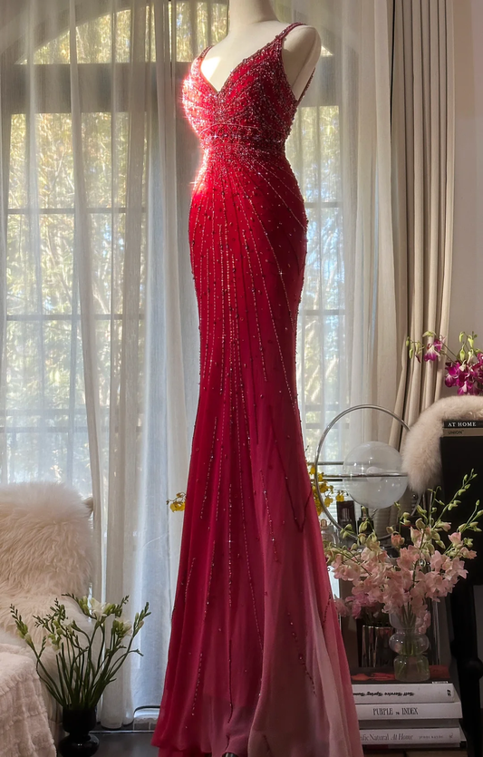 Stunning Red Straps Mermaid Chiffon Beading Vintage Long Evening Party Dress, D945