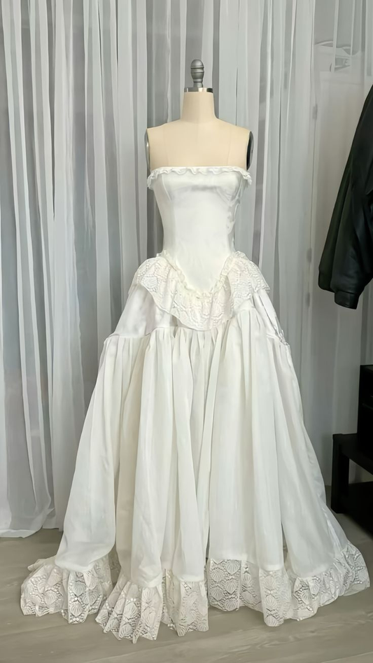Elegantes trägerloses A-Linie Chiffon Vintage Brautkleid Langes Abendkleid, D863