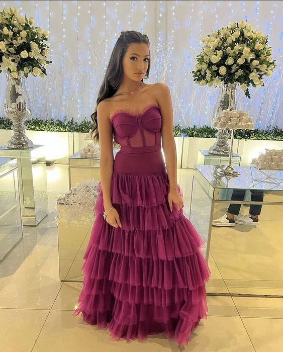 Robe de soirée longue violette en tulle à volants et décolleté en cœur MD7312