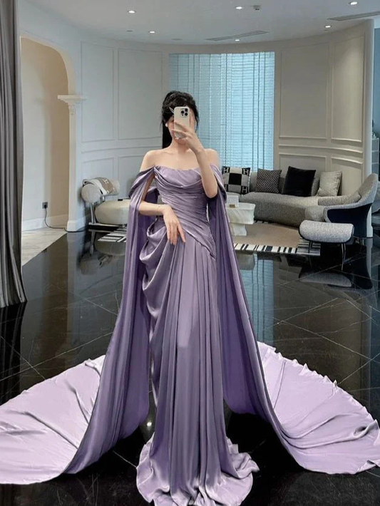 Robe de soirée longue en satin violet, élégante, épaules dénudées, coupe trapèze, MD7350
