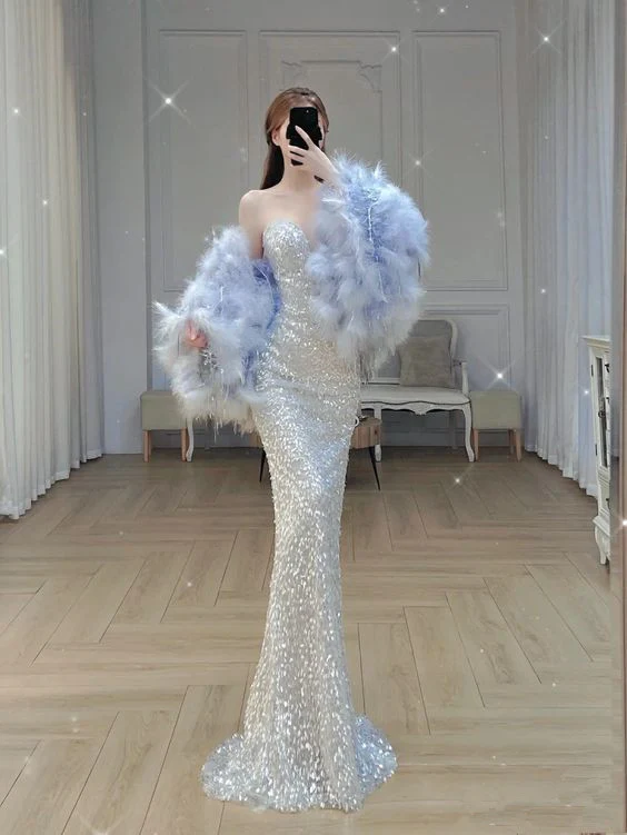 Stunning Silver Sweetheart Sequins Mermaid Long Formal Party Dress MD7400
