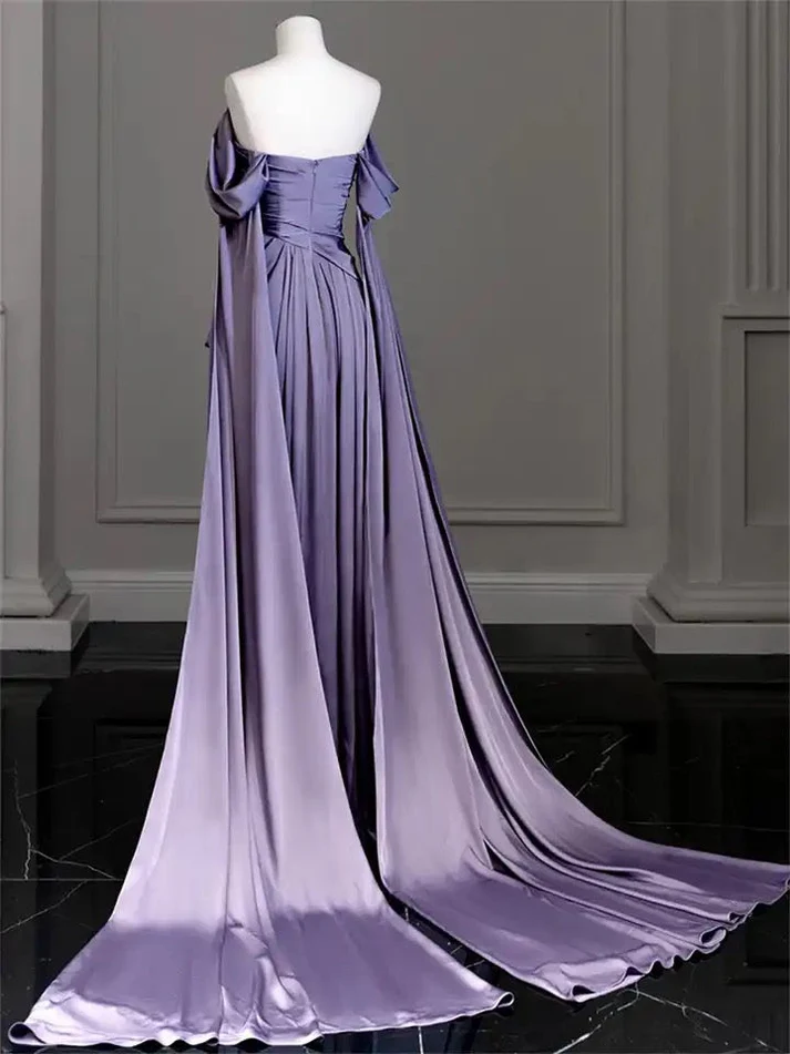 Robe de soirée longue en satin violet, élégante, épaules dénudées, coupe trapèze, MD7350