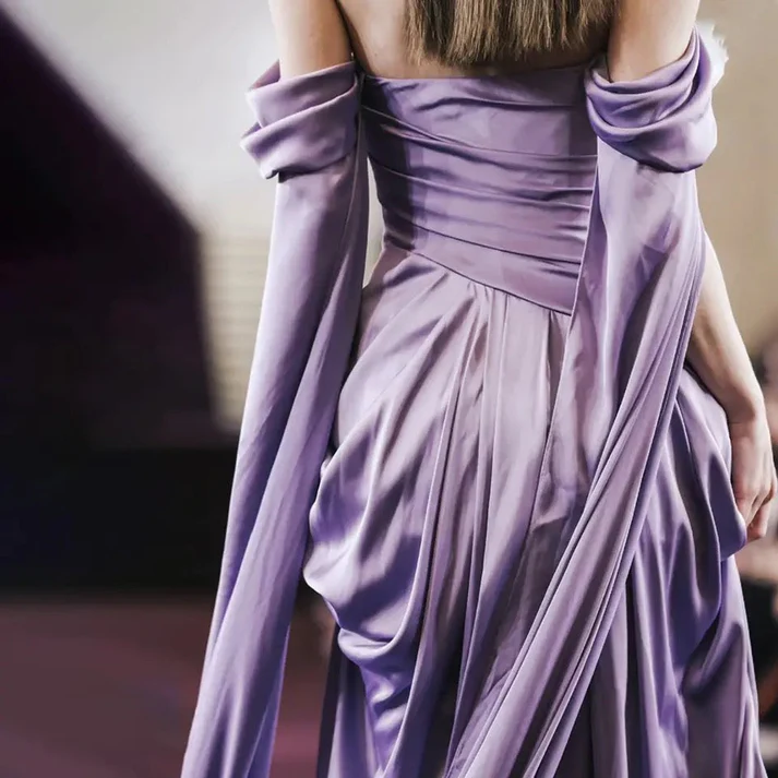 Robe de soirée longue en satin violet, élégante, épaules dénudées, coupe trapèze, MD7350