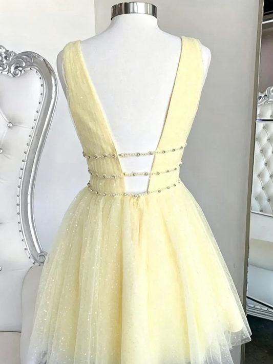 Unique Homecoming Dress Deep V Neck Tulle Sequins Pearl Backless Back to School Outfits Party Dress D7664