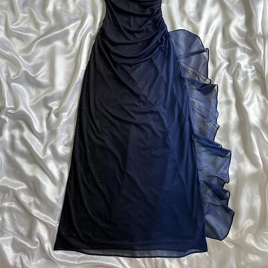 Dark Blue Straps Chiffon Vintage Long Party Dress Prom Gown MD7409