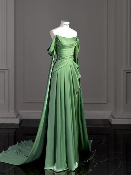 Robe de soirée longue en satin vert à épaules dénudées et coupe trapèze MD7348